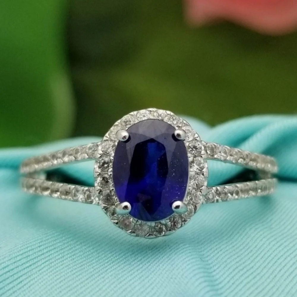 Vintage Silver Simulant Sapphire and CZ Halo Split Ring-Sterling-Simulant-Estate